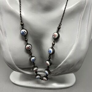 Vintage Russian Handmade Necklace Porcelain Beads Pink Blue Flowers‎ Silver Tone